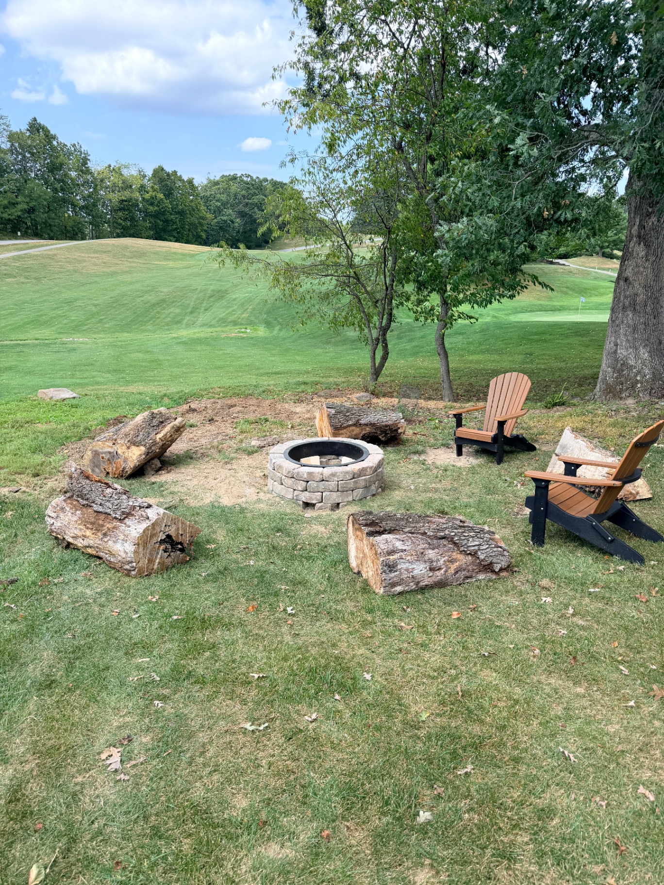 Cleaned-up fire pit area with fresh turf