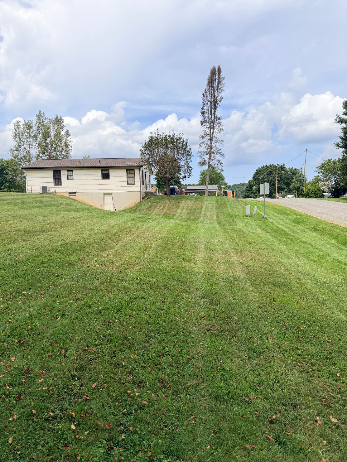 Freshly striped hillside lawn mowed by The Mowgicians